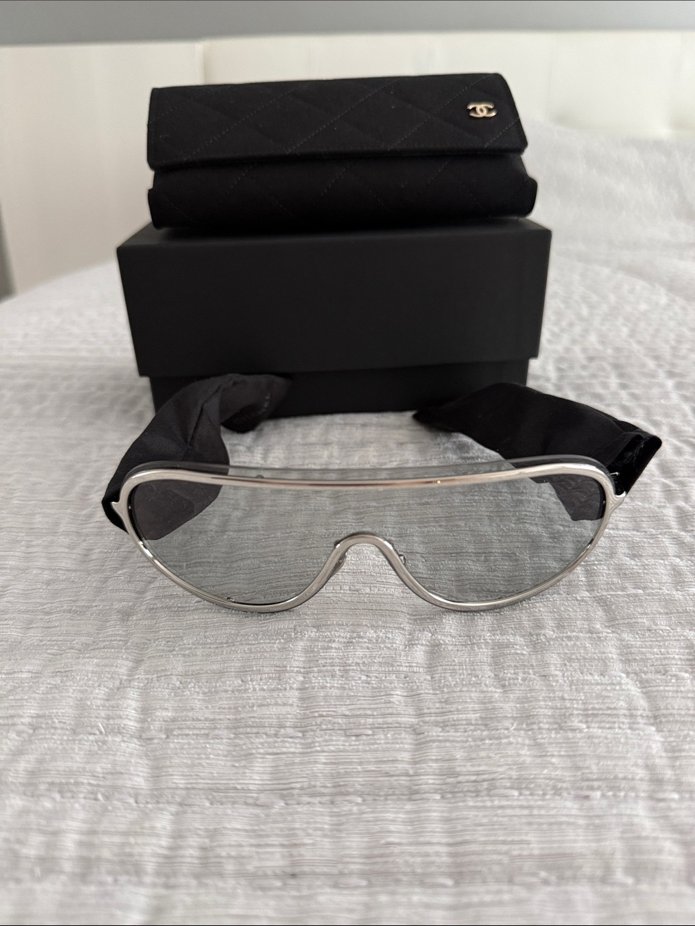 CHANEL Silver Rim Shield Pilot Sunglasses